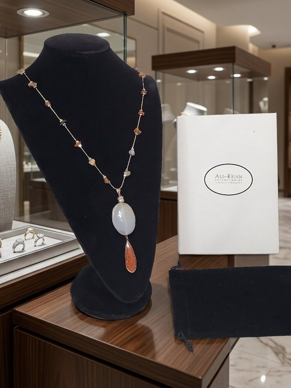Ali Khan Pendant necklace with a long chain. faceted glass bead